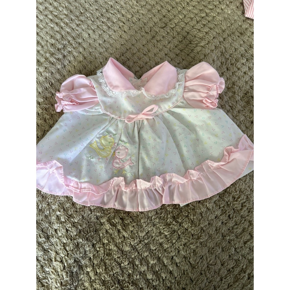 Vintage Cradle Togs Pinafore Baby Dress Love Birds Embroidery Pink White 0-6 M